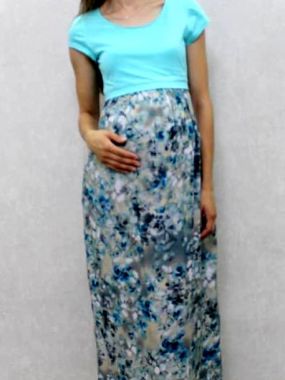 Платье для беременных и кормящих, верх трикотаж длинное Светло-бирюзовый с цветами 207 VILENA