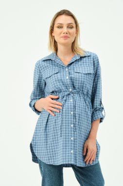 Рубашка-туника для беременных и кормящих хлопок Сине- голубой в клетку 7531 BUSA Турция